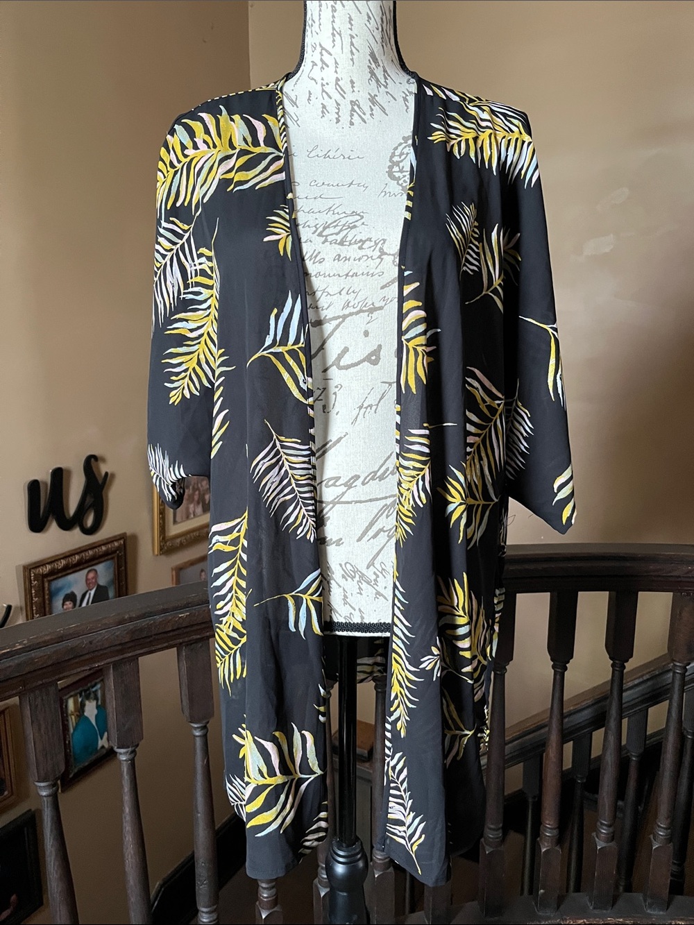 Maurices Black Kimono Cardigan with Yellow and White Leaf Print